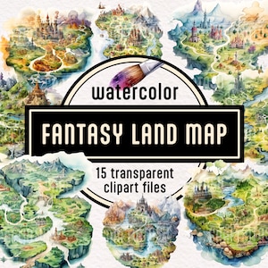 Aquarell Fantasy Land Karte Clipart - Fantasy Welt Abenteuer Karte Storytelling Spieldesign Imaginärer Ort Sofortiger Download Kommerzielle Nutzung