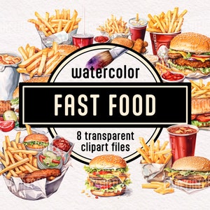Akwarela Fast Food Clipart - Burger clipart Frytki Chipsy ziemniaczane PNG Napój gazowany Jedzenie na wynos Jedzenie na pocieszenie Niezdrowe jedzenie Pobieranie cyfrowe