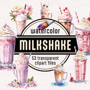 Watercolor Milkshake Clipart: Printable summer dessert Strawberry milkshake PNG Chocolate milkshake clip art Digital download Commercial use