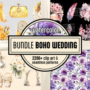 Watercolor Pastel Boho Wedding Clipart & Seamless Patterns Bundle, shabby wedding commercial use instant download watercolor wedding boho