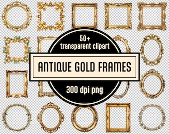 Vintage Gold Frames Clipart Bundle - High resolution printable Picture Frame PNG Baroque old frame overlay Instant download Commercial use