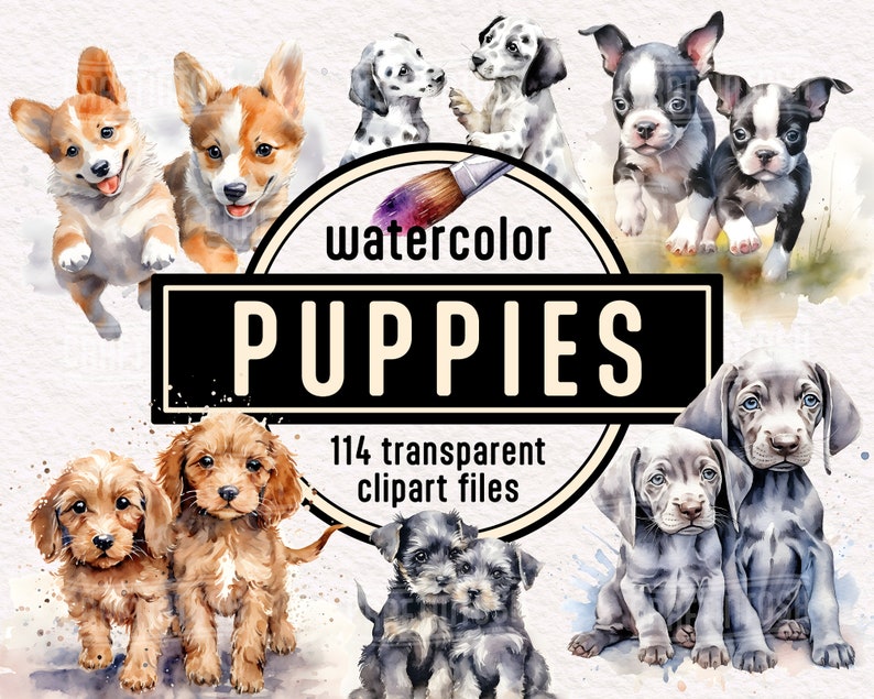 Watercolor Puppies PNG Clipart Bundle: Cute Two Pet Portrait Dogs ...