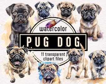 Watercolor Pug Dog and Puppies Clipart - cute pet portrait animal PNG illustrations instant download for commercial use