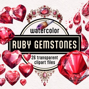 May include: Watercolor illustration of 26 ruby gemstones in various shapes, including hearts, ovals, and a faceted gem. The illustration is labeled "watercolor ruby gemstones" and "26 transparent clipart files".