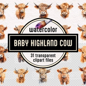 Watercolor Baby Highland Cow Clipart Set - digital graphics instant download commercial use high resolution printable cute baby animals