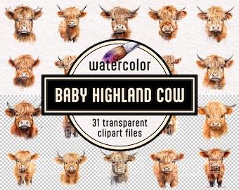 Watercolor Baby Highland Cow Clipart Set - digital graphics instant download commercial use high resolution printable cute baby animals