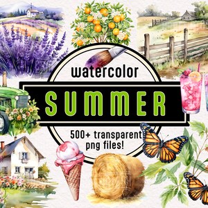 水彩サマーメガパック - 500 PNG クリップアート デジタルグラフィック 即時ダウンロード 商用利用 高解像度 印刷可能 グリーントラクター