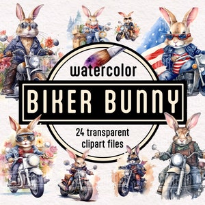 Paquete de imágenes prediseñadas de conejo motociclista en acuarela: lindo conejito en bicicleta imprimible, conejo patriótico en bicicleta, imágenes prediseñadas PNG para uso comercial