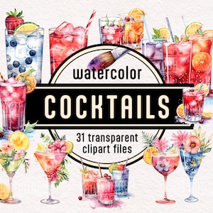 Aquarel cocktails clipart: transparante PNG Beach party clipart bloemen aquarel clipart tropische drankjes Instant download commercieel gebruik
