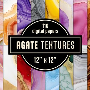 May include: 116 digital papers featuring agate textures in various colors and patterns. Each paper is 12 inches by 12 inches.