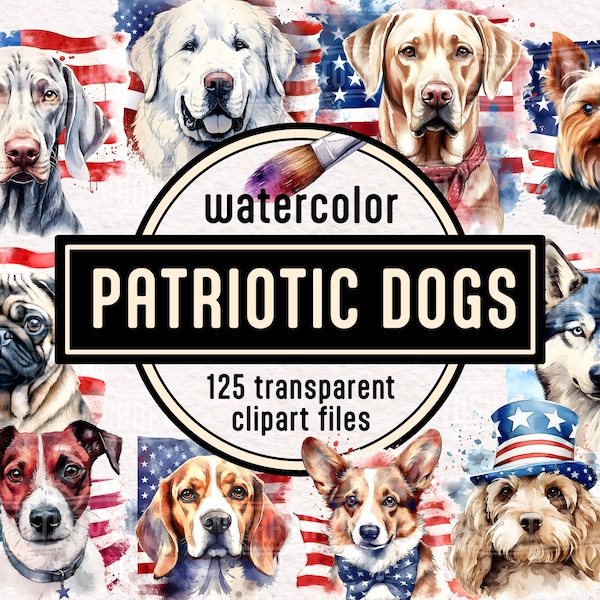 Patriotic Dogs 4th of July Watercolor Clipart - Cute pet portrait animal PNG illustrations Stars and stripes Instant download Commercial use