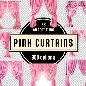 Cortinas rosas de acuarela, imágenes prediseñadas: 23 gráficos digitales PNG, descarga instantánea, uso comercial, imágenes prediseñadas imprimibles de alta resolución