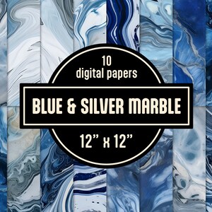 Op de afbeelding: Tien digitale papieren met blauwe en zilveren marmerpatronen. Elk papier is 30,5 cm bij 30,5 cm.