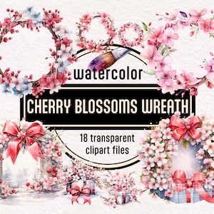 Watercolor Cherry Blossom Wreaths Clipart, Sakura Flower PNG, Pink Wreath Cherry Blossom Branches, for Canva, Tumbler, Shirt, Commercial Use