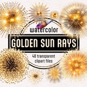 Puede incluir: Ilustración en acuarela de rayos de sol dorados de varios tamaños. La imagen incluye un rectángulo negro con las palabras "GOLDEN SUN RAYS" y "48 transparent clipart files". También se incluye un pincel.
