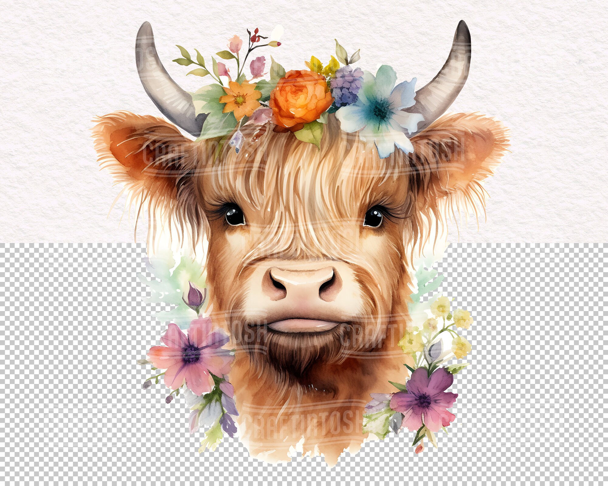 Baby Highland Cow Watercolor Clipart Set - 28 Transparent PNG Boho Baby ...