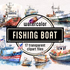 Aquarell Fischerboot Clipart - Nautische PNG Bilder Sofortiger Download Kommerzielle Nutzung Altes Fischerboot mit Blumen Amerikanische Flaggen