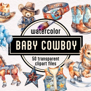 Aquarell Baby Cowboy PNG Clipart Set - digitale Grafiken sofortiger Download kommerzielle Nutzung hochauflösende druckbare Baby-Geburtstags-Set