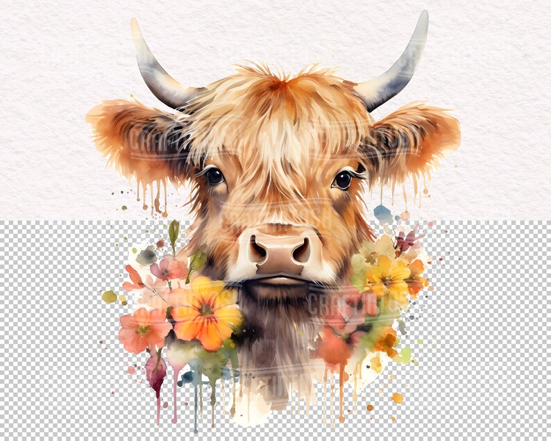 Baby Highland Cow Watercolor Clipart Set - 28 Transparent PNG Boho Baby ...