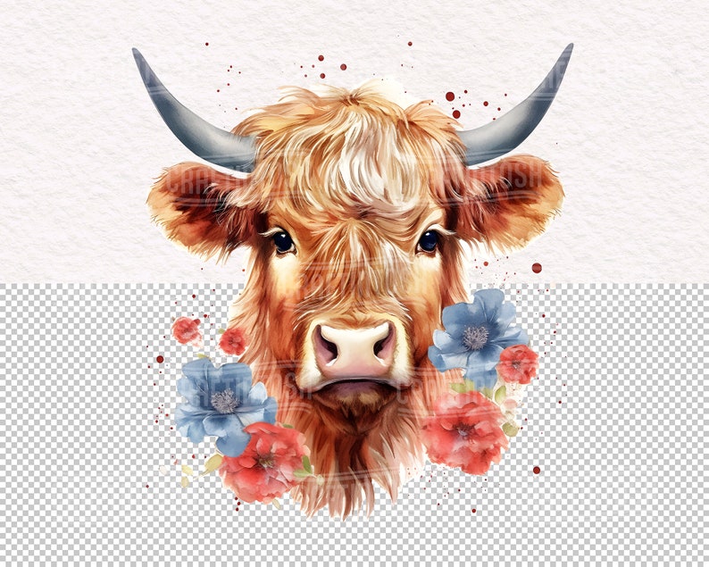 Baby Highland Cow Watercolor Clipart Set - 28 Transparent PNG Boho Baby ...