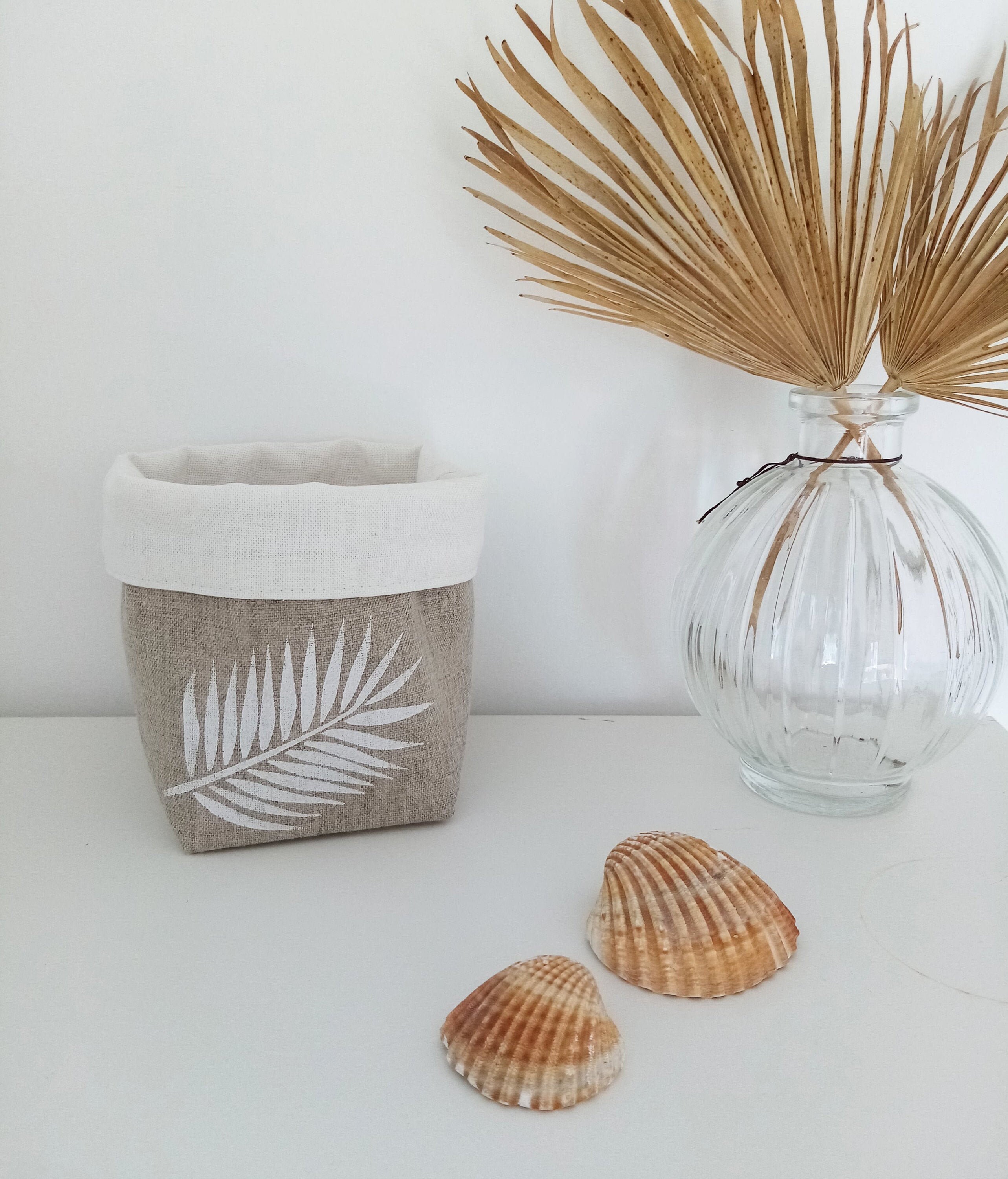 Panier de Rangement Tissu Feuille Palme en Lin Intérieur Blanc