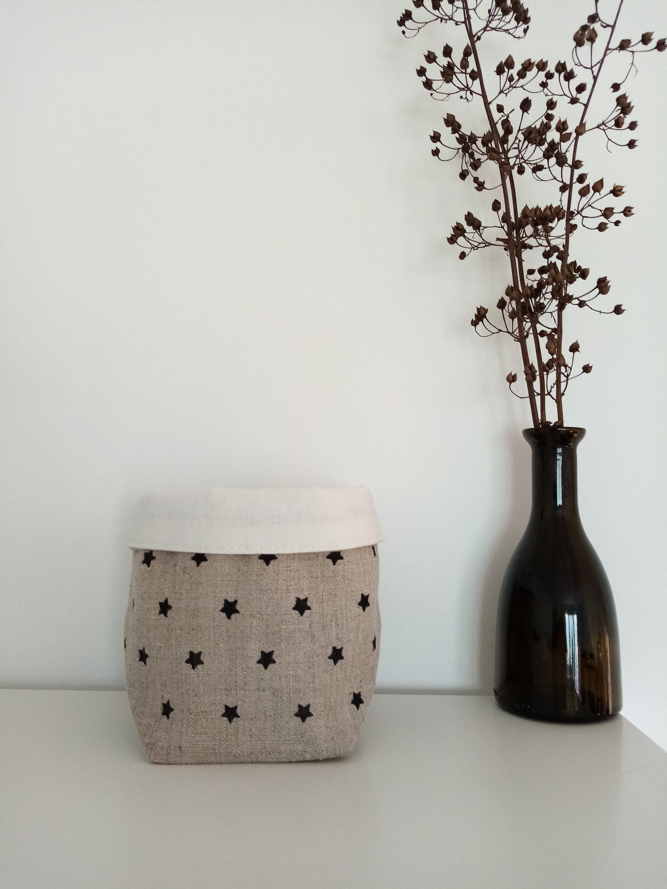 Panier de Rangement Étoiles en Lin Intérieur Blanc Écru