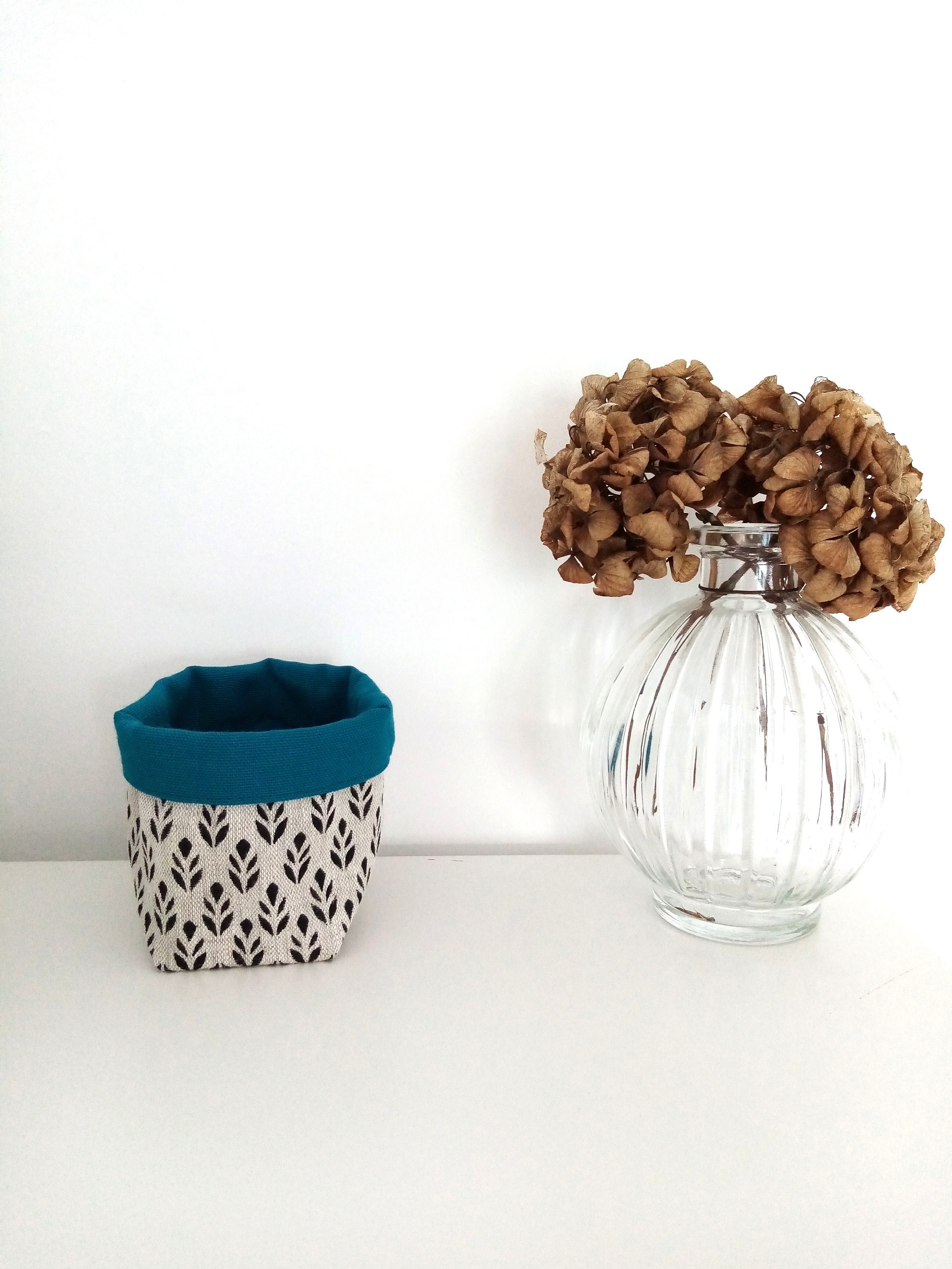 Mini Panier de Rangement /Vide Poche/Cache Pot en Lin Feuilles Intérieur Bleu Canard