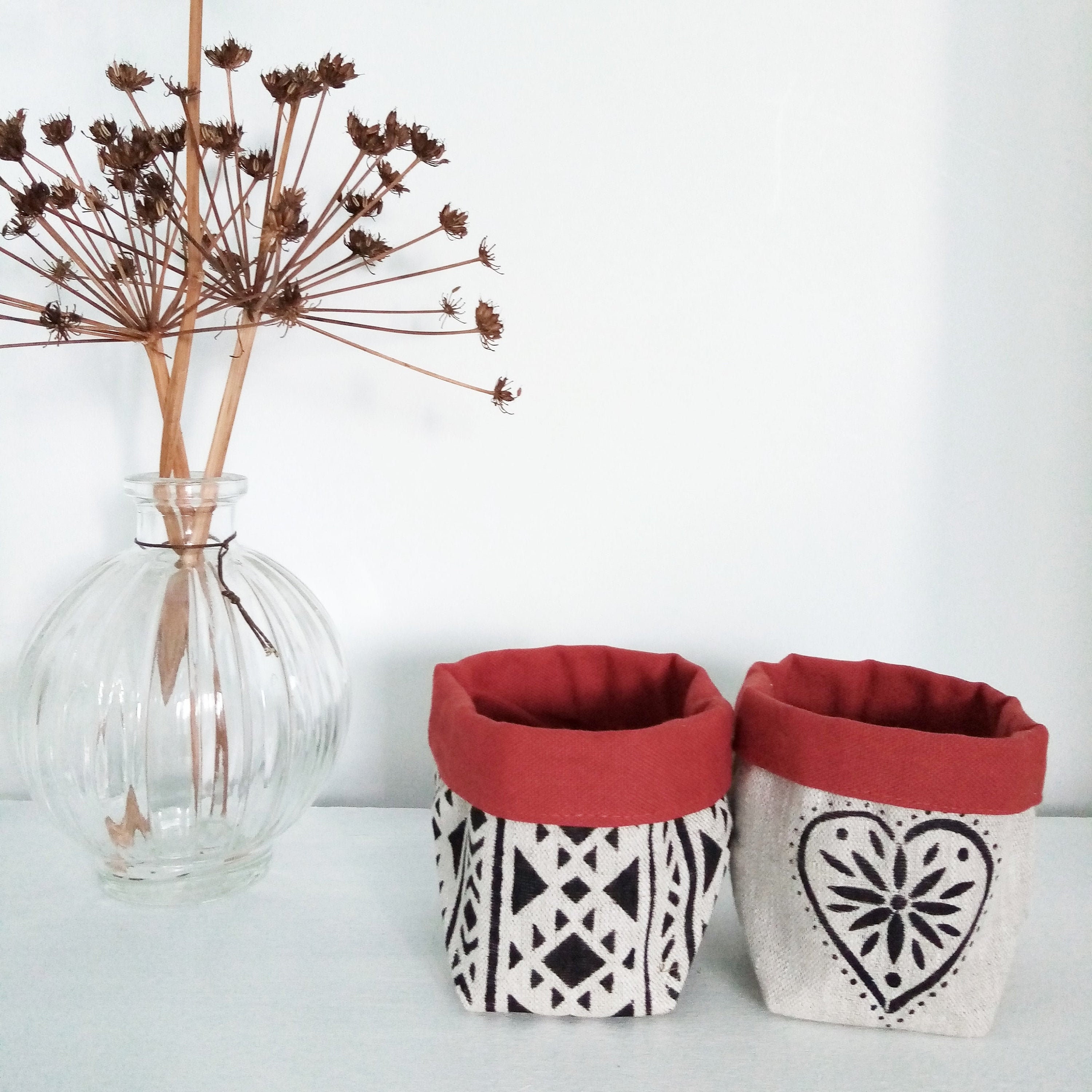 Mini Panier de Rangement /Vide Poche/Cache Pot en Lin Ethnique Azteca Intérieur Terracotta