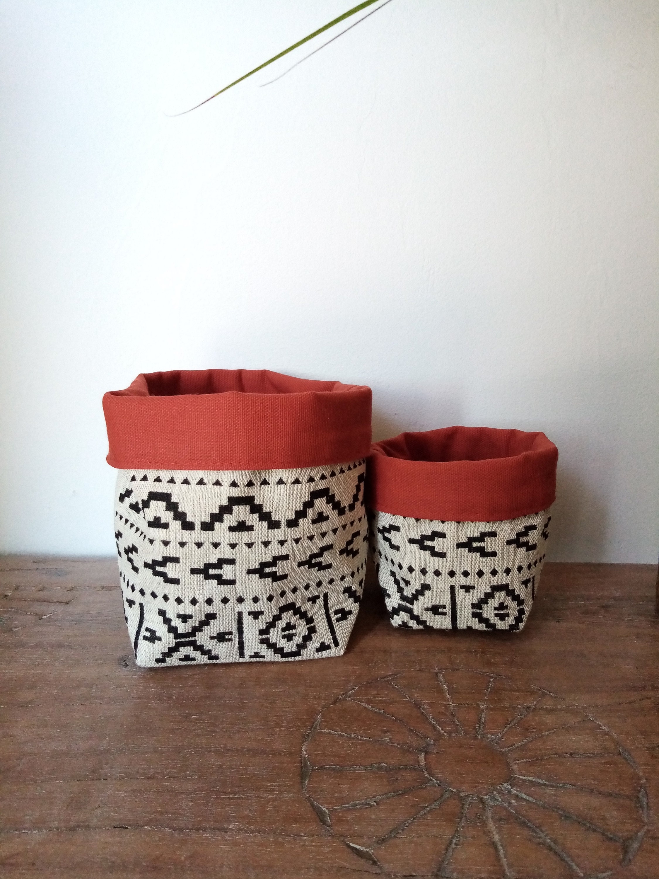 Panier de Rangement Ethnique Andes en Lin avec Intérieur Terracotta