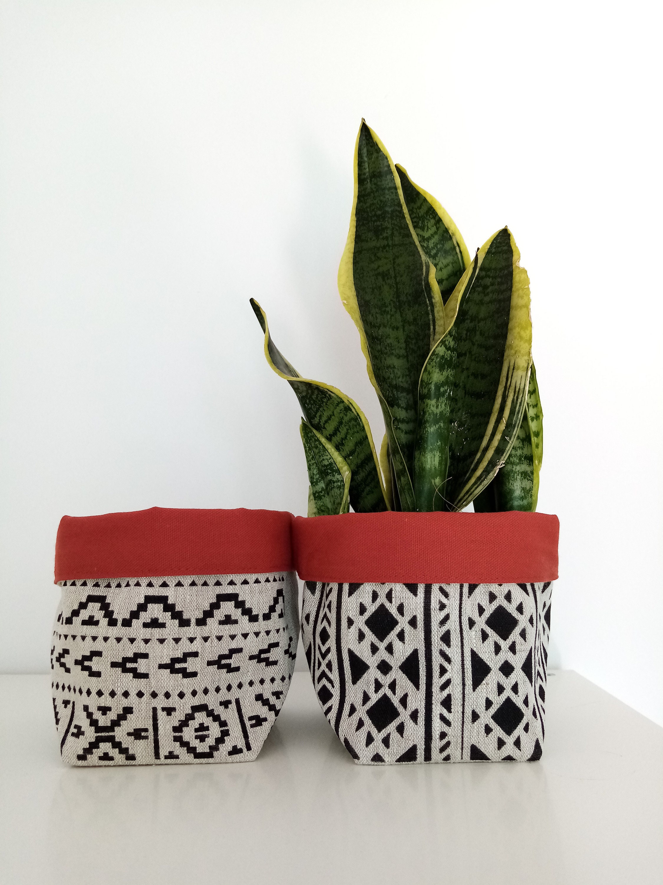 Panier de Rangement Ethnique Azteca en Lin avec Intérieur Terracotta