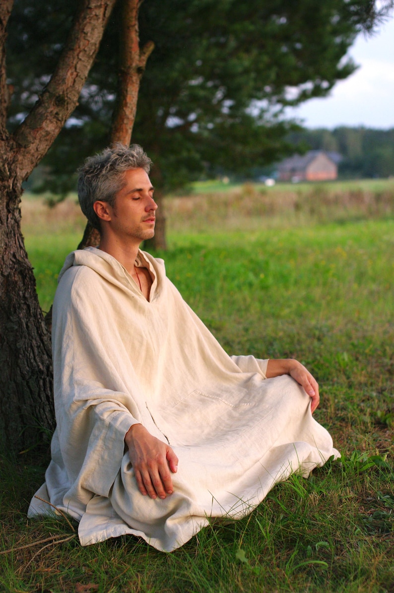 Hooded Meditation Cloak – Stonewashed European Linen, Unisex Yoga Robe - Custom Colour image 3