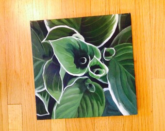hosta oil painting, oil painting looking down on hosta, aerial view of hosta, hosta painting