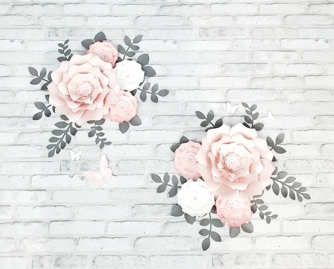 Large Pink Flowers Wall Decor. Nursery Pink, White and Gray Flowers for