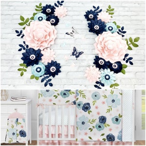 Navy, light blue and pink paper flowers wall decor. Large nursery pink and blue flowers for wall. Girl's room  decor. Babyshower flowers.