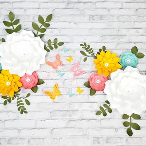 Eight white, coral and teal nursery flowers. 3D large flowers for wall inspired by Floral Field by Cloud Island. Girl's room wall decor. image 1