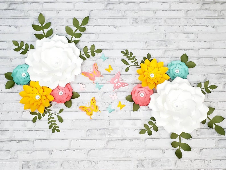 Eight white, coral and teal nursery flowers. 3D large flowers for wall inspired by Floral Field by Cloud Island. Girl's room wall decor. image 1