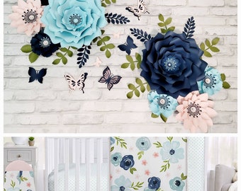 Eight blue, pink and navy flowers wall decor. Nursery flowers. Baby shower wall flowers. Girl's room flowers inspired by Sweet Jojo Designs.