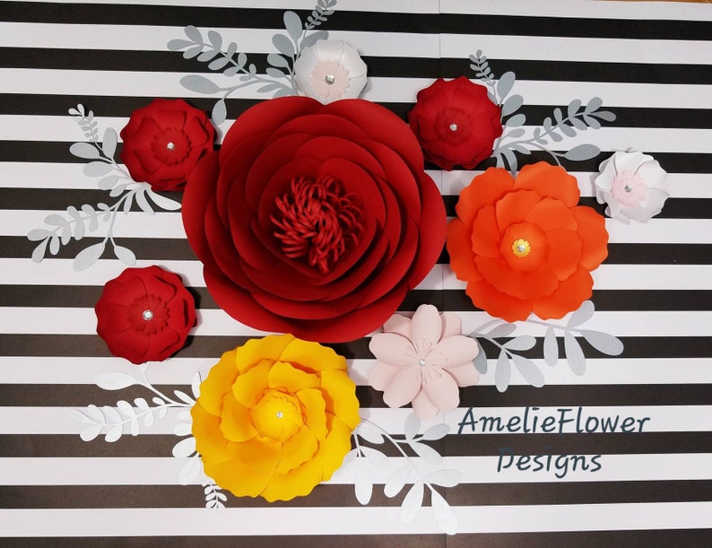 Large Red Orange Pink And Yellow Paper Flowers Wall Decor Etsy