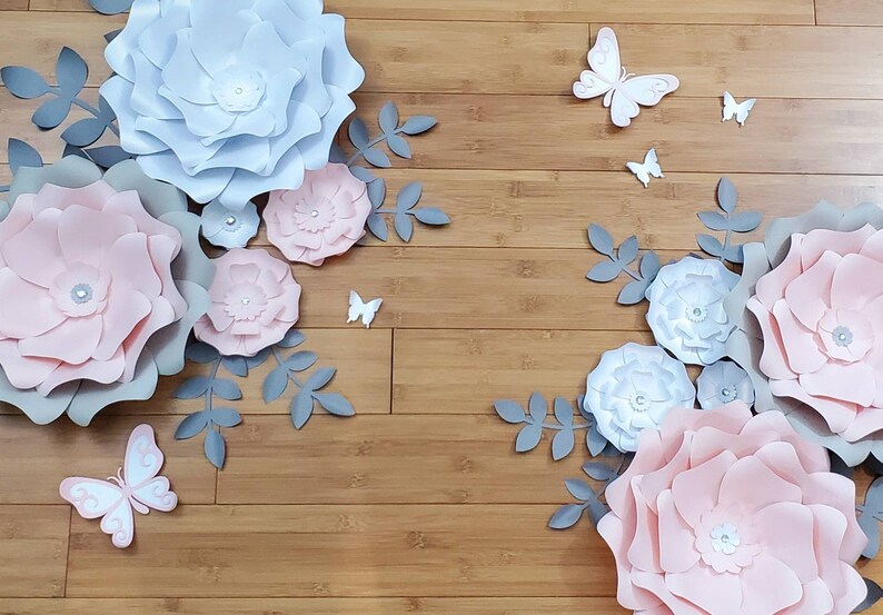 Eight paper flowers for wall decor. White pink and gray Etsy
