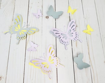 Nine 3D butterflies nursery wall decor. Paper butterflies wall decor. Girl's room butterflies in purple, gray and yellow. Wall butterflies.