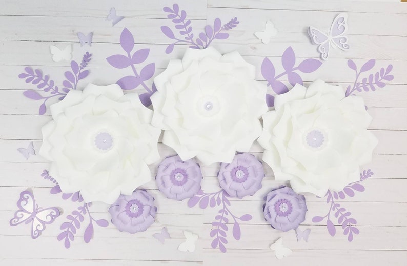 Seven Purple And White Paper Flowers Wall Decor Nursery Bridal Shower Backdrop Girls Room