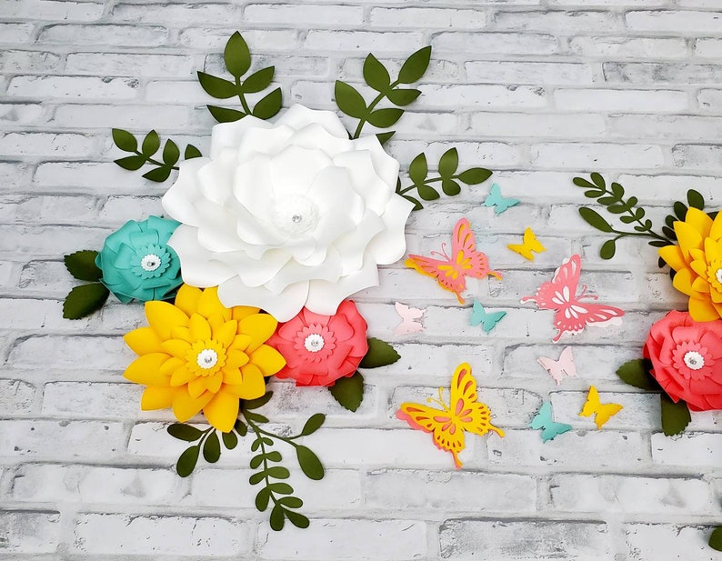 Eight white, coral and teal nursery flowers. 3D large flowers for wall inspired by Floral Field by Cloud Island. Girl's room wall decor. image 2