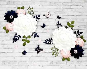 Eight white, pink and navy flowers wall decor. Large nursery flowers for wall. Baby shower pink large flowers. Girl's room flowers decor.