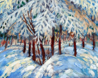 Snow in October by Dennis Weber of ShreddyStudio / 9x12 inch Winter landscape painting of winter branches in forest / birkenbeiner