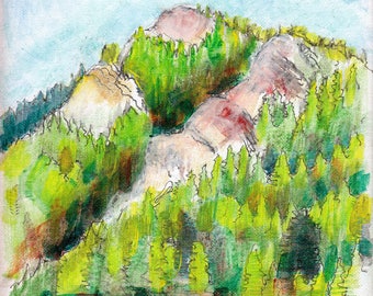 Toby Creek 124 de Dennis Weber de ShreddyStudio / peinture 8x10 de pins de montagne près de Panorama Colombie-Britannique