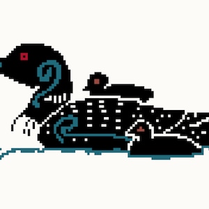 May include: A black and white loon with blue markings and red eyes, swimming in blue water with two smaller loons.