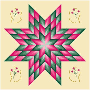 May include: A pink and green star-shaped quilt block with a woven pattern. The block is surrounded by a light yellow background with four small floral designs in the corners.