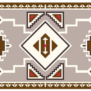 May include: A brown, white, and red geometric rug with a diamond pattern in the center. The rug has a border of brown triangles.