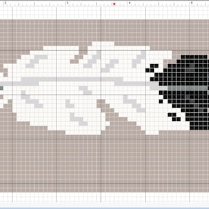 May include: A pixelated feather design in white, black, and grey, with a red accent. The feather is set against a tan background, creating a simple yet striking visual.