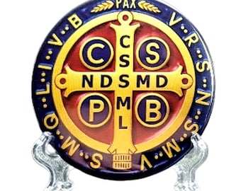 St Benedikt Medaille Wandplakette 3 "- Handgemachtes religiöses Dekor mit Acrylständer und Magnet - Spirituelles Geschenk